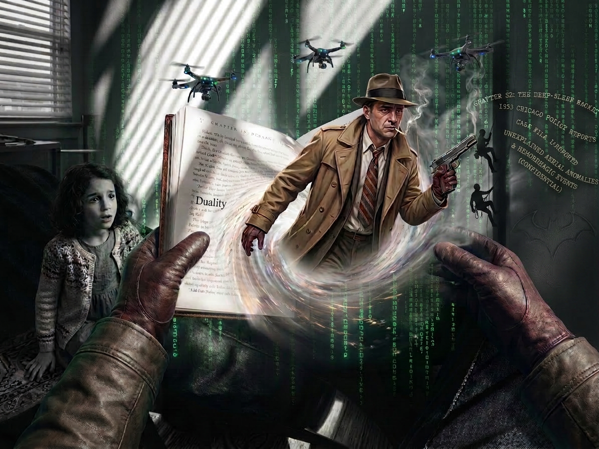 Cybernetic male character with a gun emerging from a large open book held by a person, while a child watches amazed